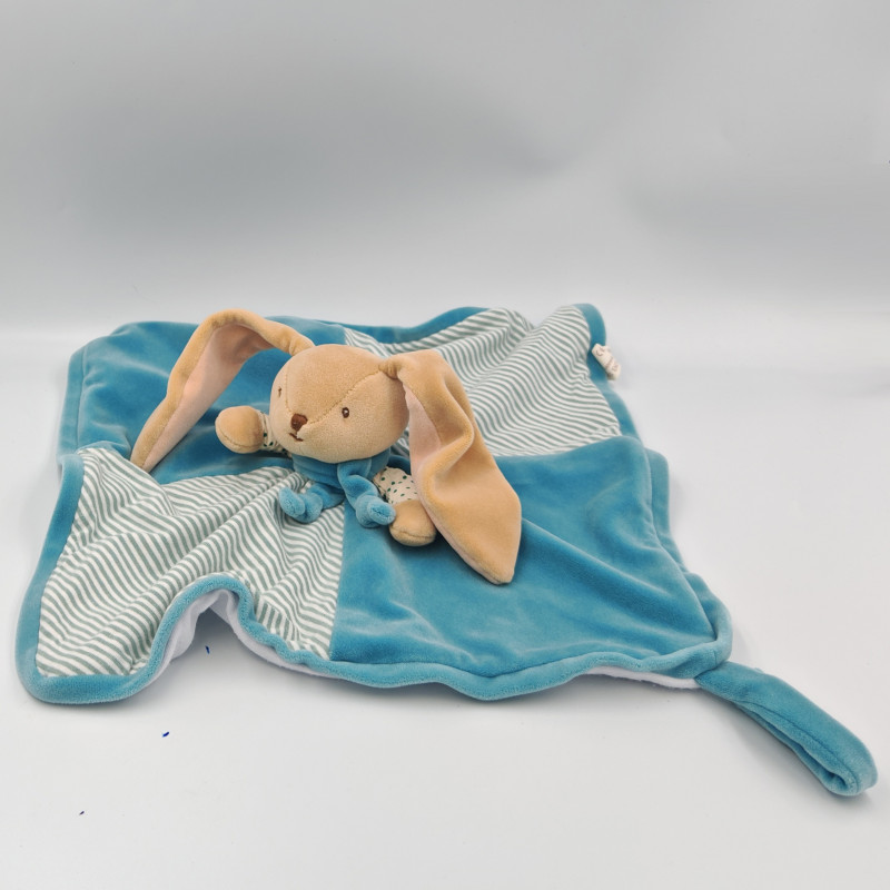 Doudou plat lapin blanc bleu rayé pois BUKOWSKI