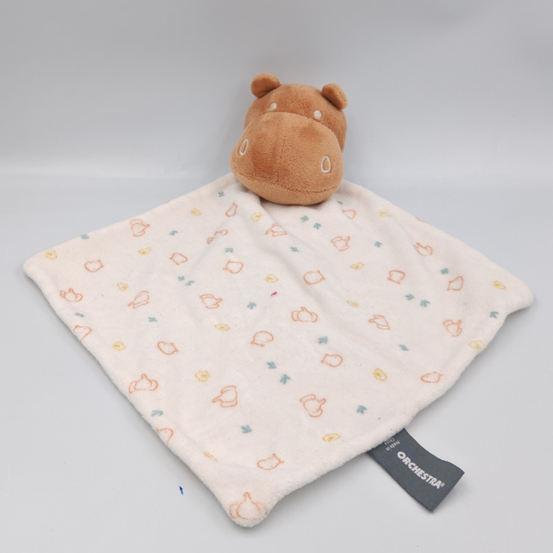 Doudou plat hippopotame marron blanc motifs ORCHESTRA