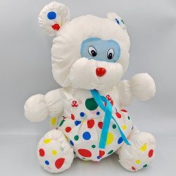 Doudou puffalump ours tissu blanc pois rouge vert jaune bleu AUCHAN
