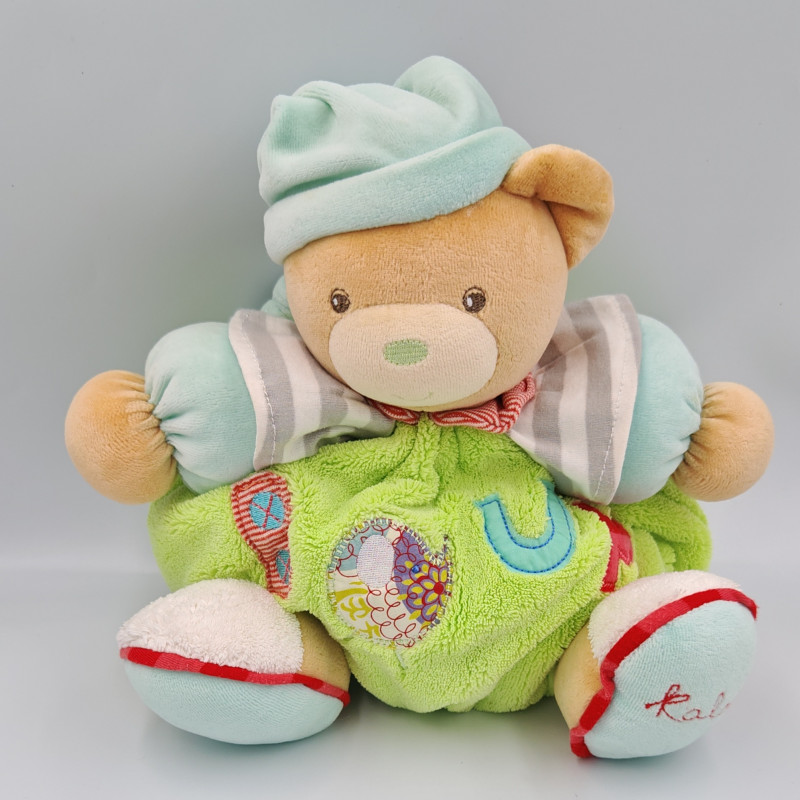 Doudou ours bleu vert gris rouge BOUM KALOO