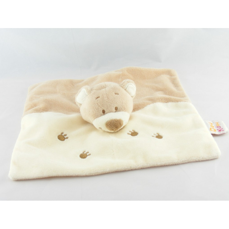 Doudou plat ours beige blanc pattes brodées DOUKIDOU