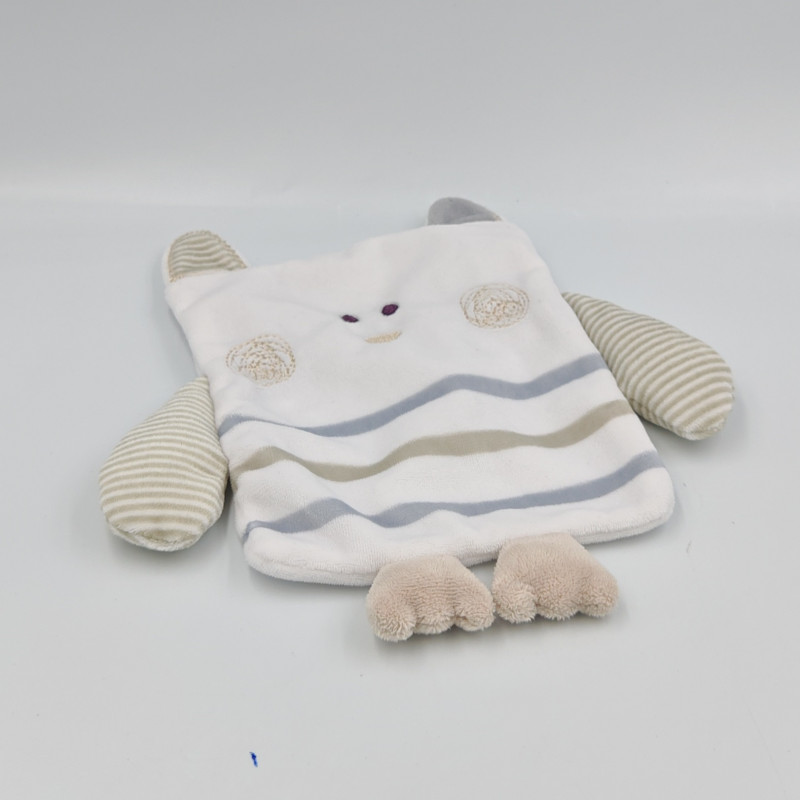 Doudou plat hibou chouette blanc gris beige TAPE A L'OEIL