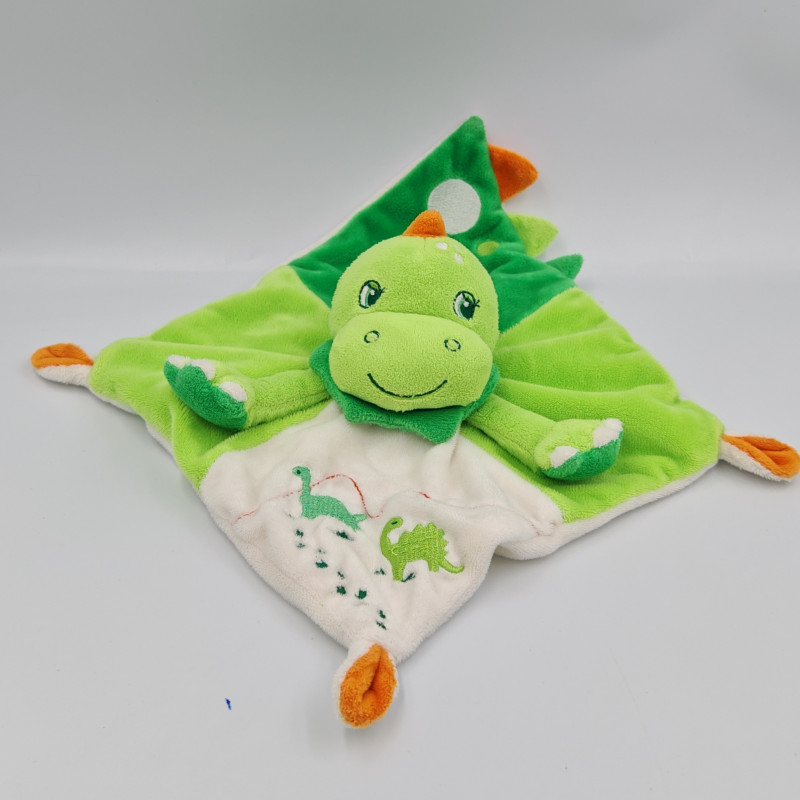Doudou plat dinosaure vert blanc orange NICOTOY