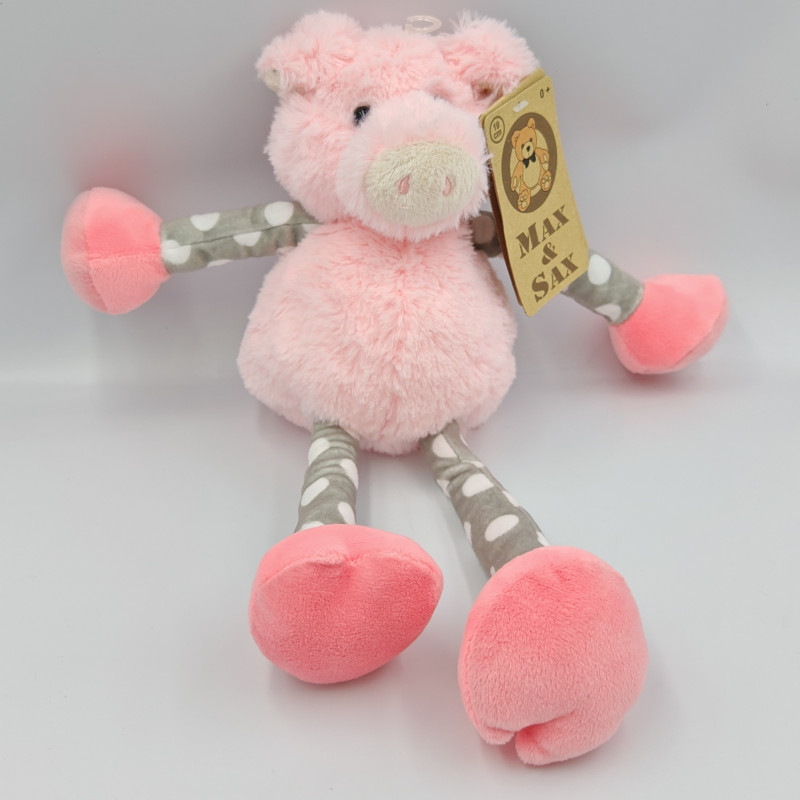 Doudou peluche cochon rose gris pois MAX ET SAX CMI