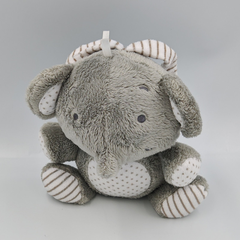 Doudou musical éléphant gris blanc rayé pois PLAYGRO