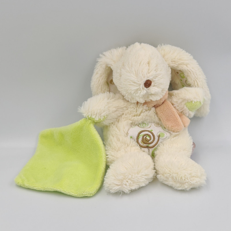 Doudou Lapin blanc vert mouchoir BEBEREVE CASINO