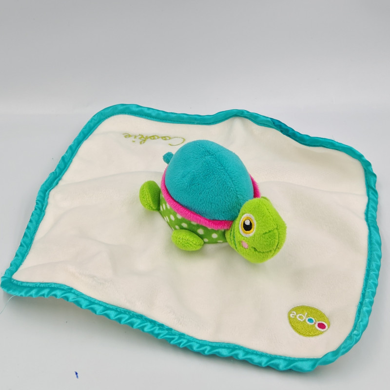 Doudou plat carré blanc tortue vert bleu rose pois OOPS