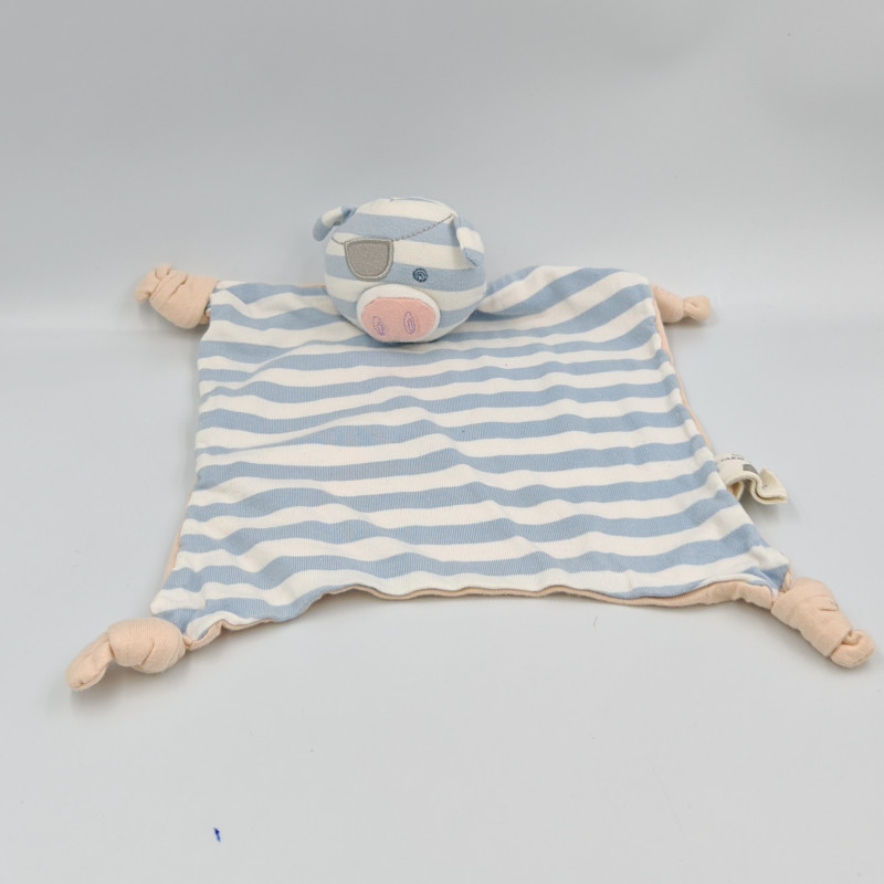 Doudou plat cochon bleu beige rayé ORGANIC FARM BUDDIES