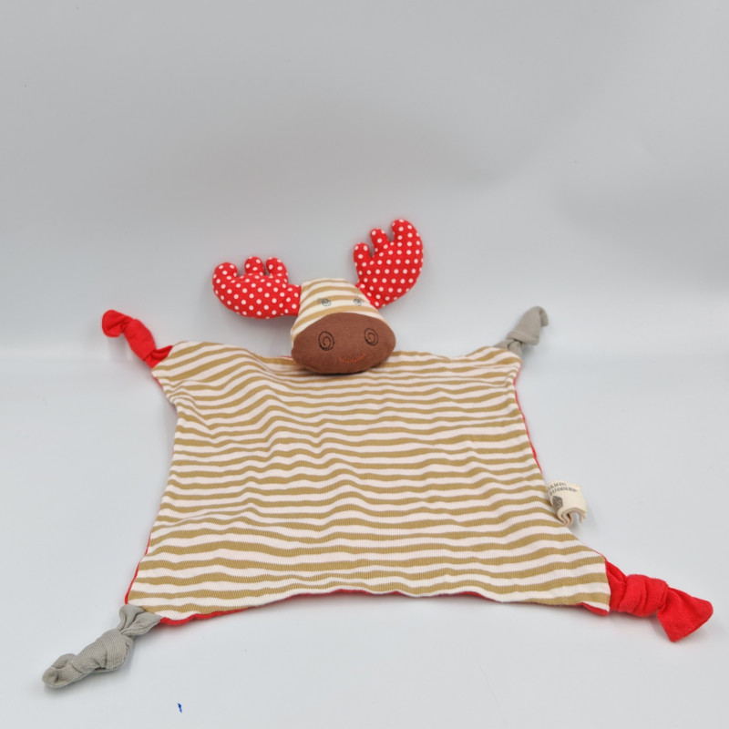 Doudou plat cerf elan rouge beige rayé ORGANIC FARM BUDDIES