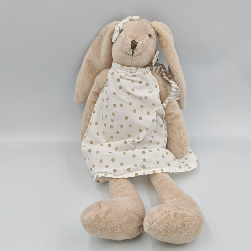 Doudou peluche lapin beige robe blanche pois ATMOSPHERA