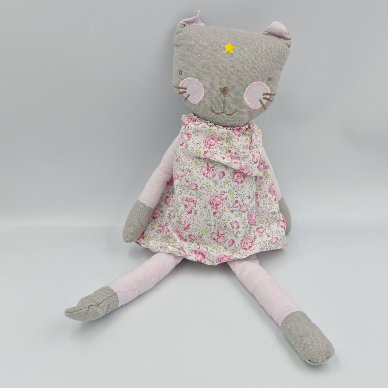 Doudou chat gris rose robe fleurs ATMOSPHERA