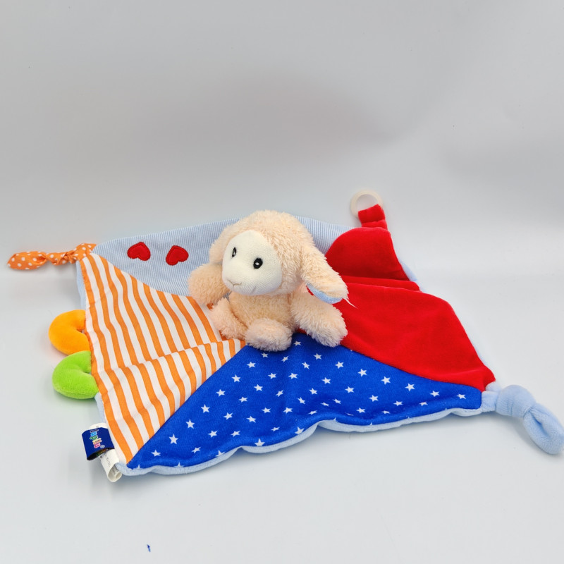 Doudou plat mouton bleu rouge orange blanc LUPILU