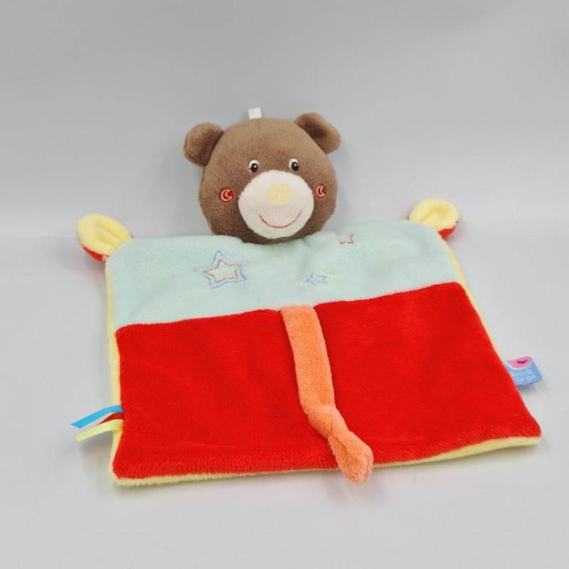 Doudou plat ours rouge bleu marron SUCRE D'ORGE