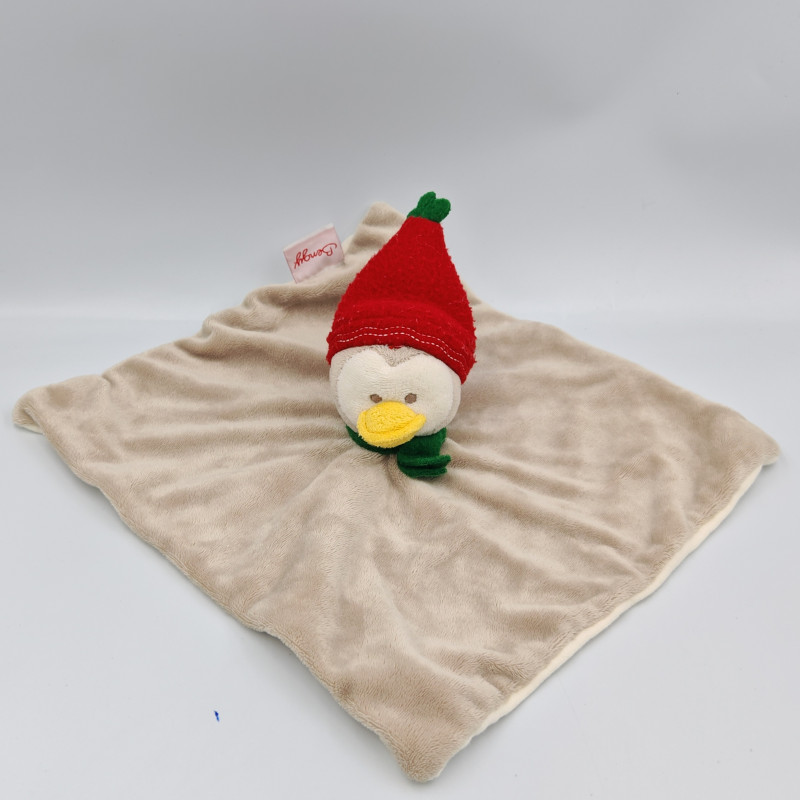 Doudou plat pingouin gris bonnet rouge BENGY