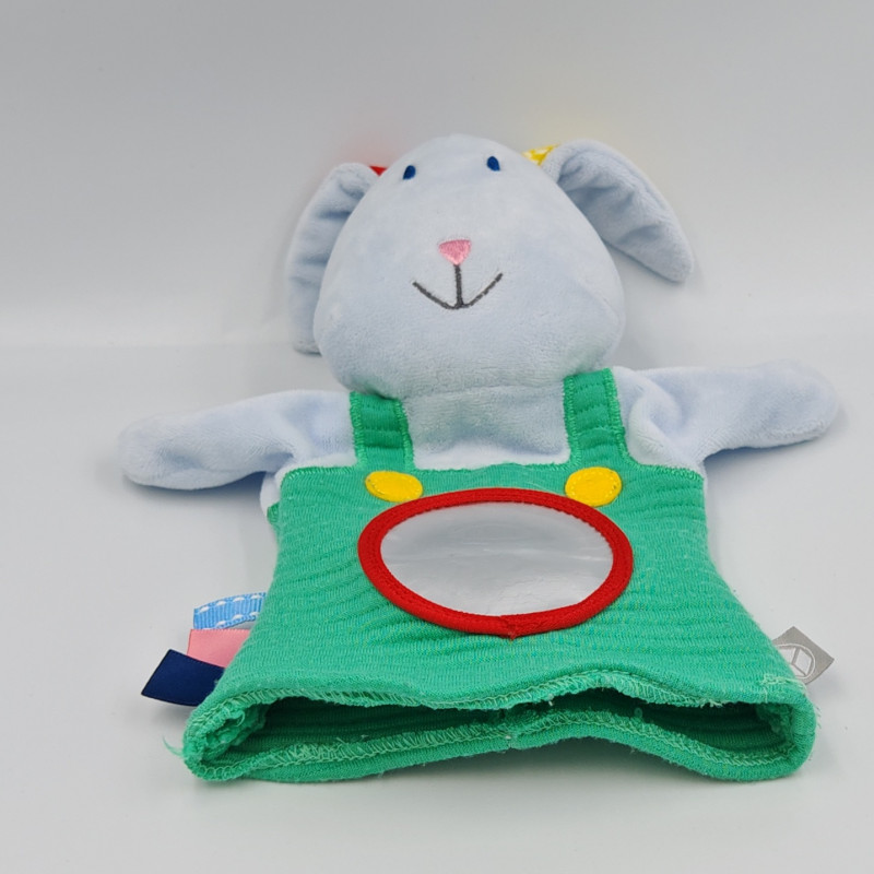 Doudou plat marionnette lapin bleu vert rouge jaune OXYBUL FNAC