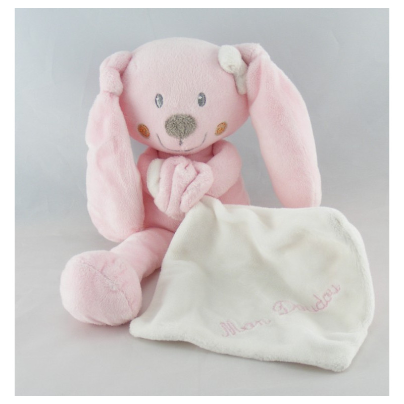 Doudou lapin bleu avec mouchoir ABC POMMETTE
