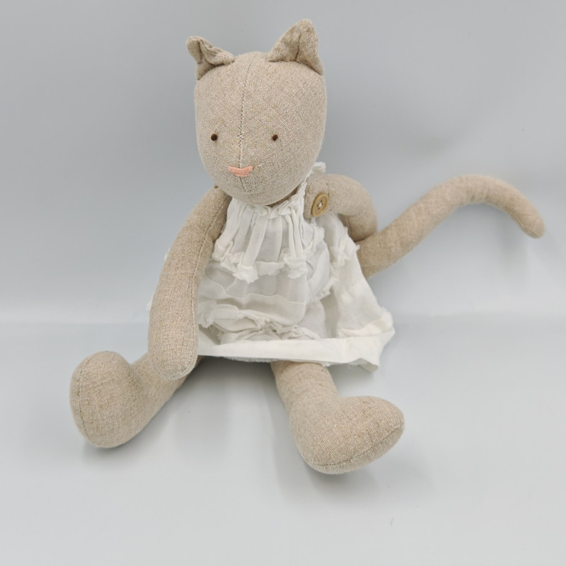 Doudou chat tissu gris beige robe blanche boutons