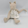 Doudou chat tissu gris beige robe blanche boutons