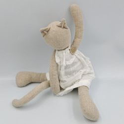 Doudou chat tissu gris beige robe blanche boutons