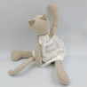 Doudou chat tissu gris beige robe blanche boutons