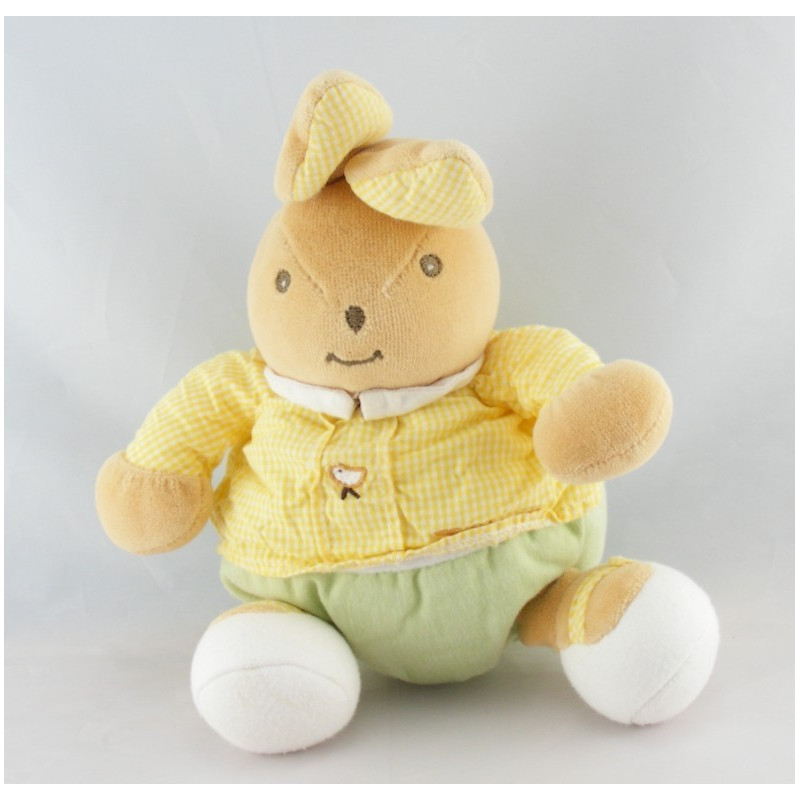 Doudou lapin jaune vert oiseau brodé TAKINOU