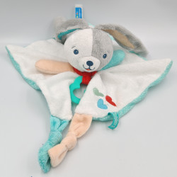 Doudou plat lapin gris blanc bleu rouge CLEMENTONI