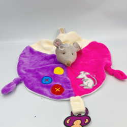 Doudou plat rond souris rose violet blanc RODA