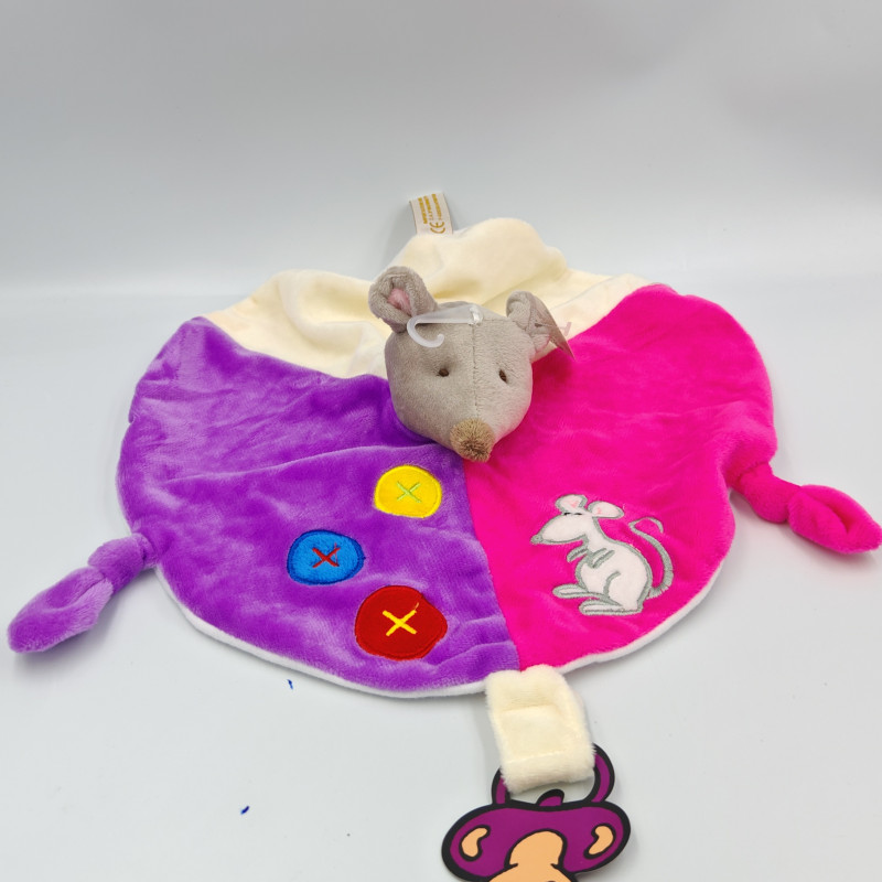 Doudou plat rond souris rose violet blanc RODA