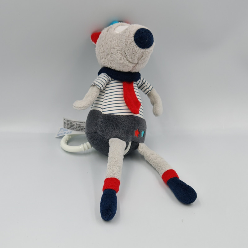 Doudou musical loup Mister Bouh gris bleu noir rayé SAUTHON
