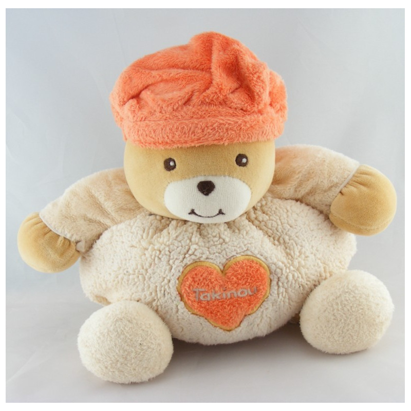 Doudou ours pull blanc coeur avec casquette orange TAKINOU