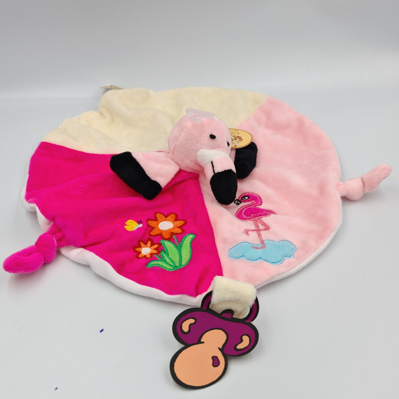 Doudou plat rond flamant rose blanc RODA