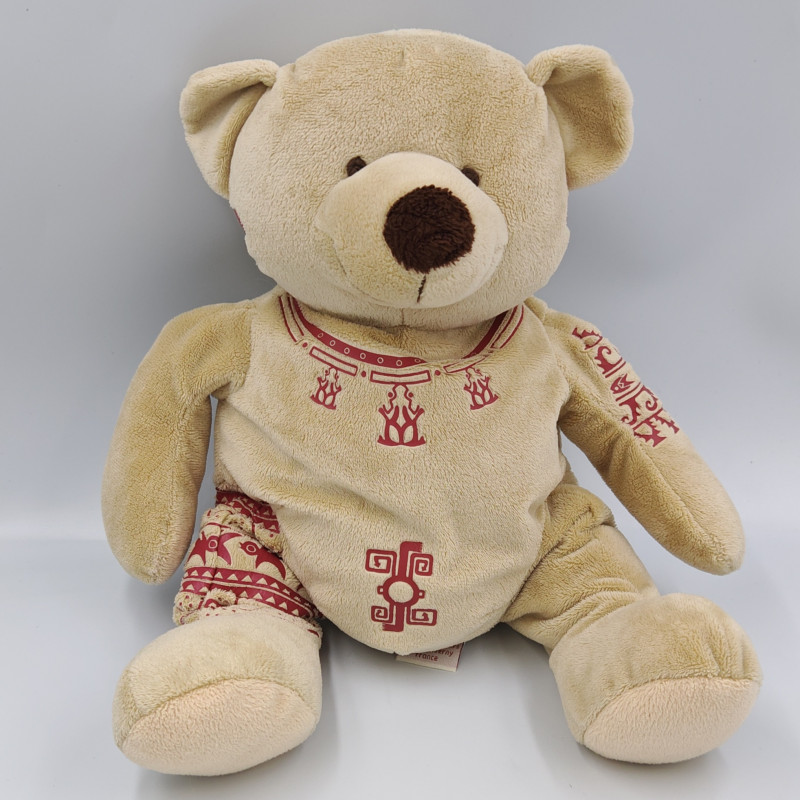 Doudou ours beige motifs inca rouge IEUF