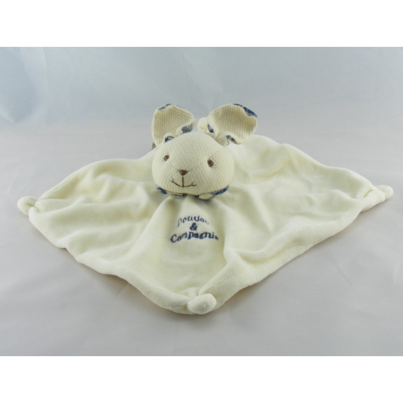 Doudou plat lapin blanc col bleu DOUDOU ET COMPAGNIE