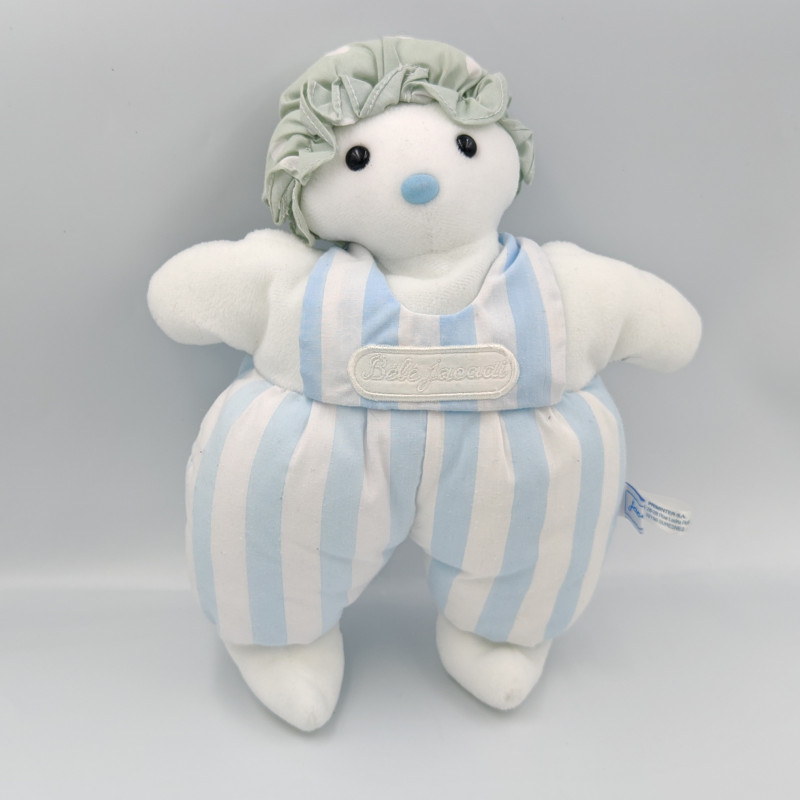 Doudou ours blanc bleu rayé bonnet Bébé JACADI