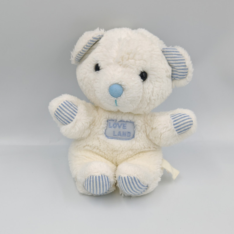 Doudou peluche ours blanc bleu LOVE LAND