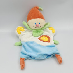 Doudou plat marionnette lutin blanc bleu vert rouge BABY LUNA