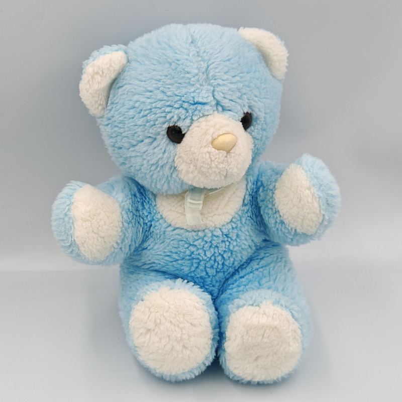 Ancienne peluche doudou ours bleu blanc