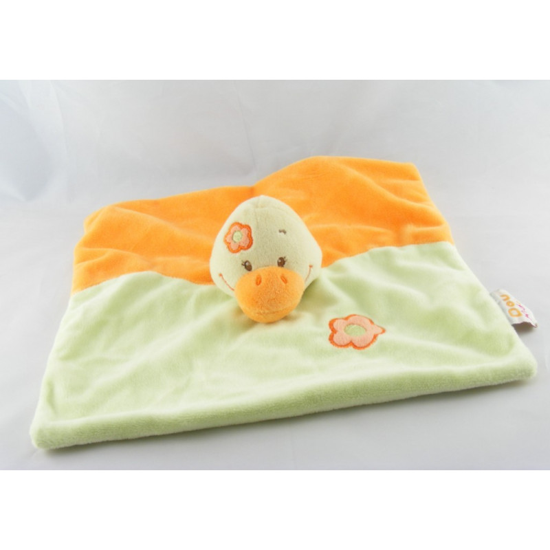 Doudou plat canard vert orange fleur DOUKIDOU