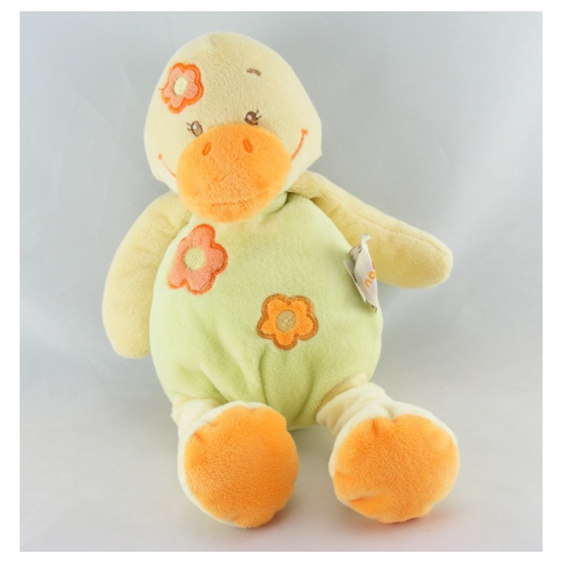 Doudou plat canard vert orange fleur DOUKIDOU