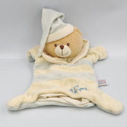 Doudou marionnette ours bleu blanc écru rayé FUPA