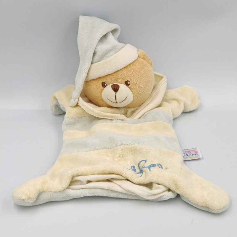 Doudou marionnette ours bleu blanc écru rayé FUPA