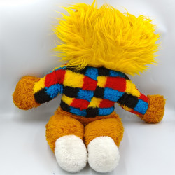Ancienne peluche chat lion marron blanc carreaux rouge bleu jaune