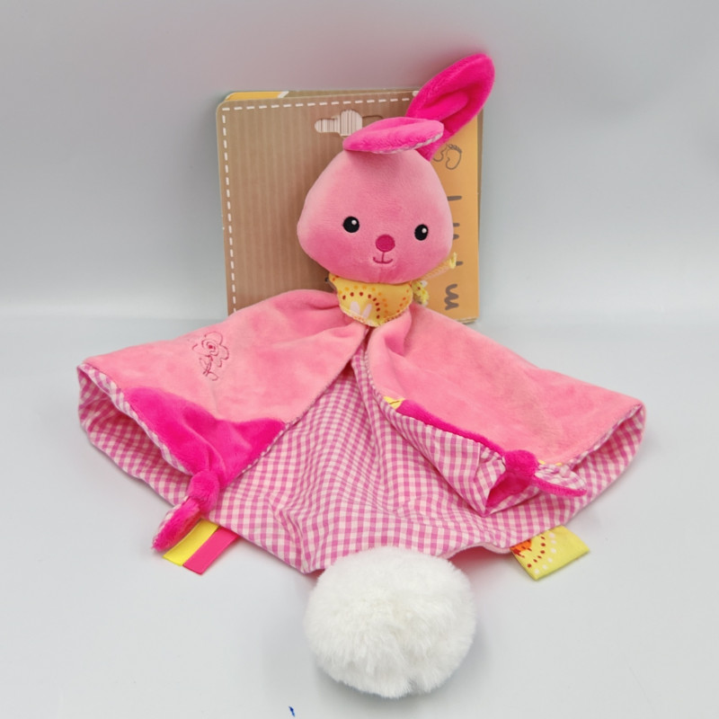Doudou plat lapin rose vichy foulard jaune JEMINI