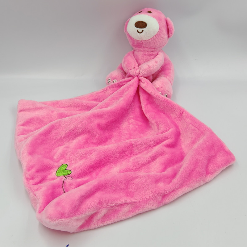 Doudou ours mouchoir rose coeur vert BABYPLAY BBSKY