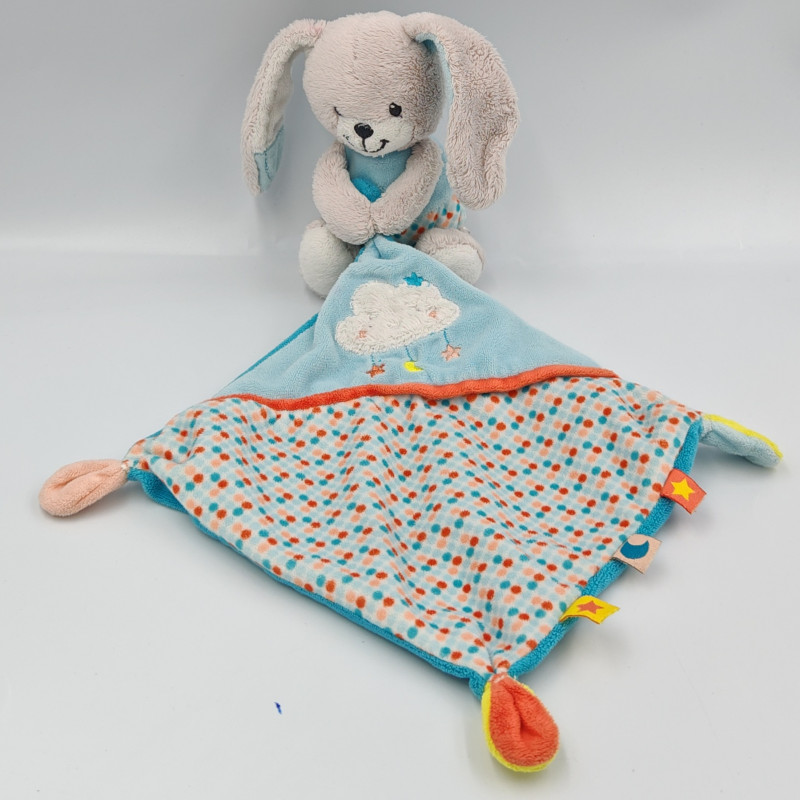 Doudou lapin gris bleu rouge mouchoir INFLUX