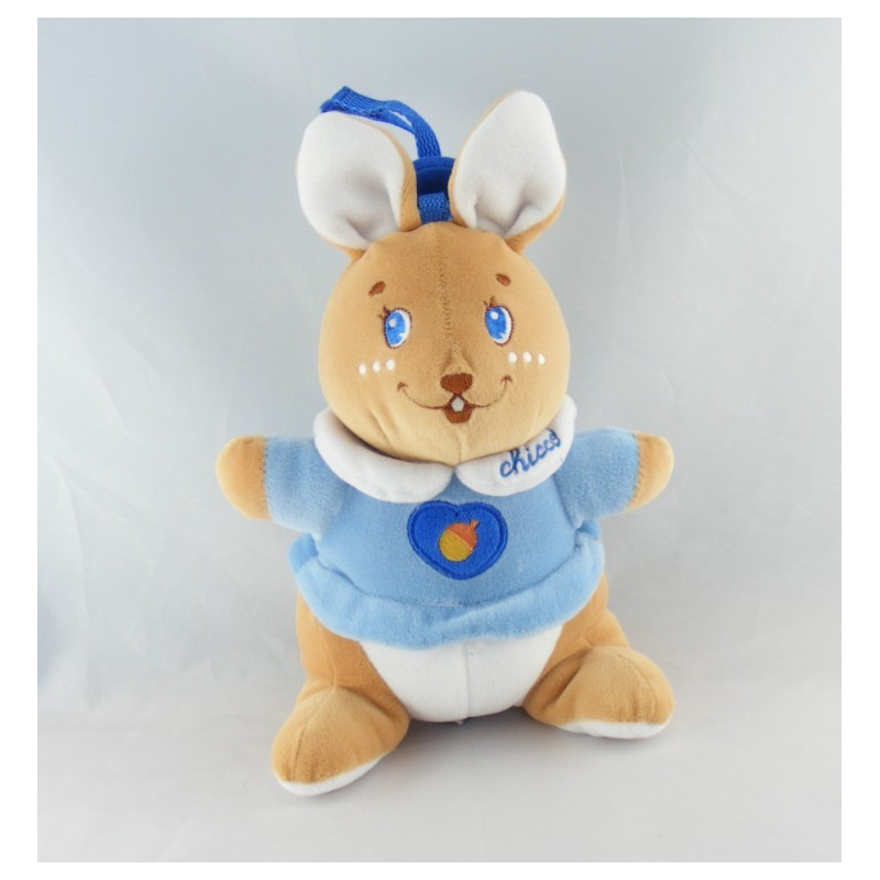 Doudou musical et lumineux lapin beige pull bleu coeur CHICCO