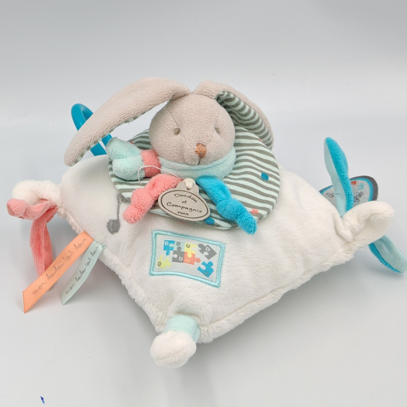 Doudou et compagnie coussin musical lapin blanc bleu rayé Puzzle