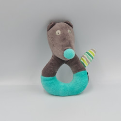 Doudou hochet loup gris bleu vert rayé ORCHESTRA PREMAMAN