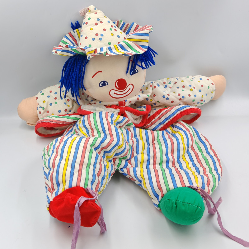 Ancien doudou range pyjama clown blanc bleu rouge vert jaune pois FANFOUN