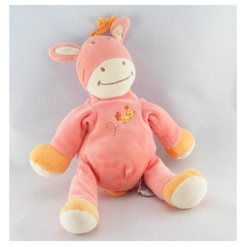 Doudou plat vache girafe rose orange oiseau AMTOYS